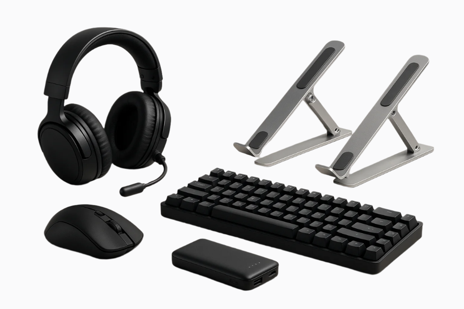 Gaming headset, wireless mouse, wireless keyboard, power bank, laptop stand, and light gray background
